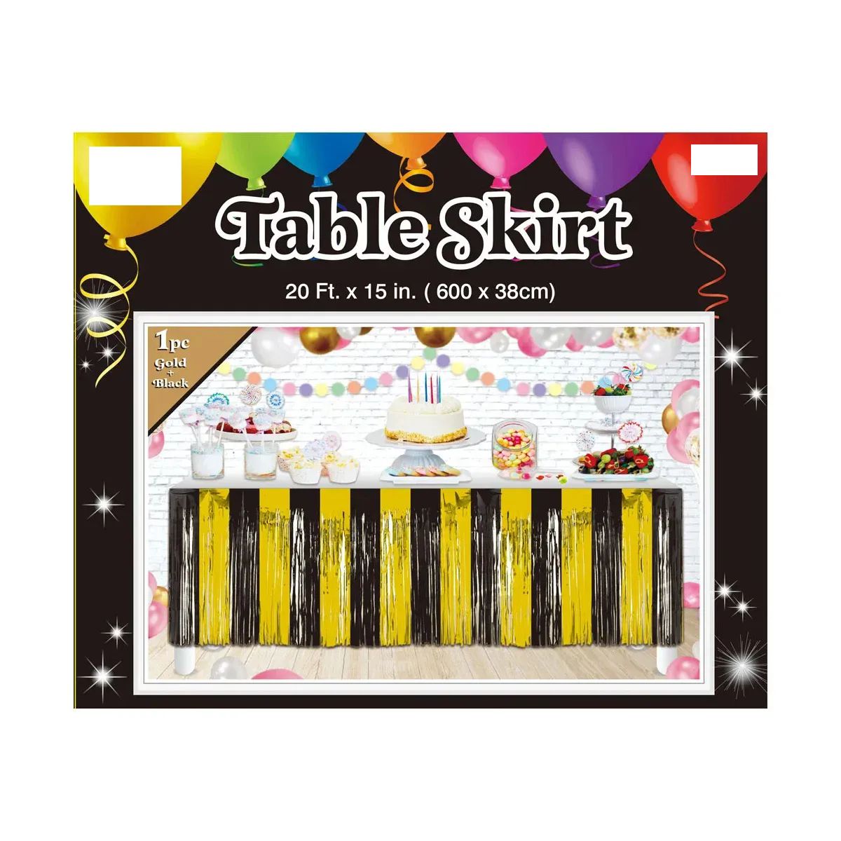 24 Pieces of Foil Tinsel Table Skirt Gold+black 20ft X 15in H