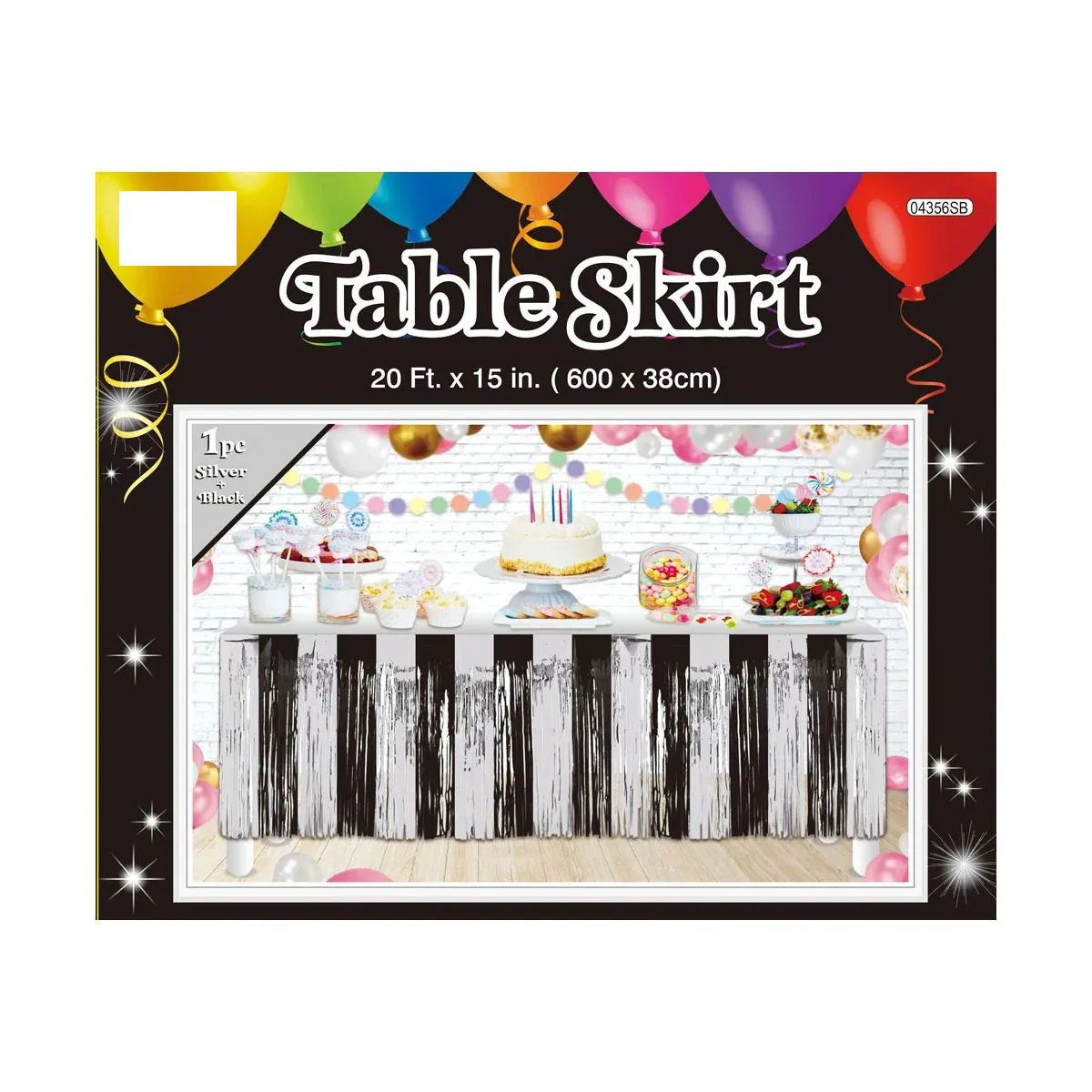 24 Pieces of Foil Tinsel Table Skirt Silver+black 20ft X 15in H