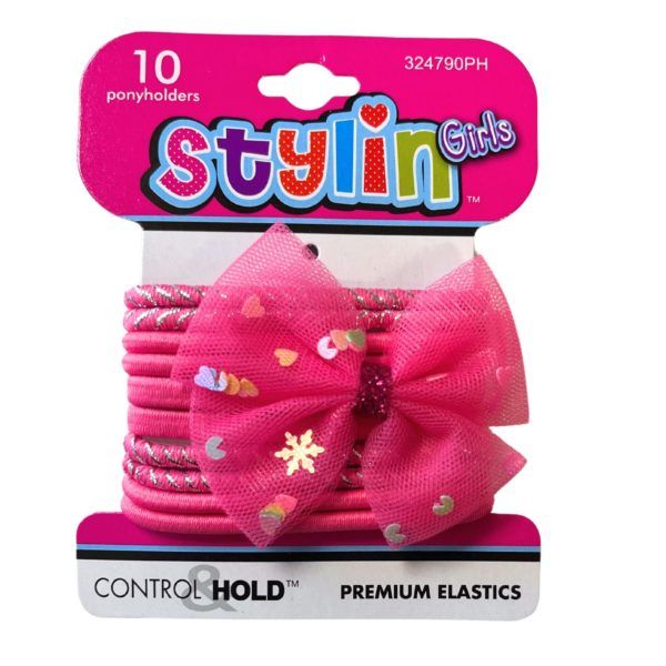 36 pieces of Stylin' Girls 10 Piece Pink Ponyholders With Mesh Bow
