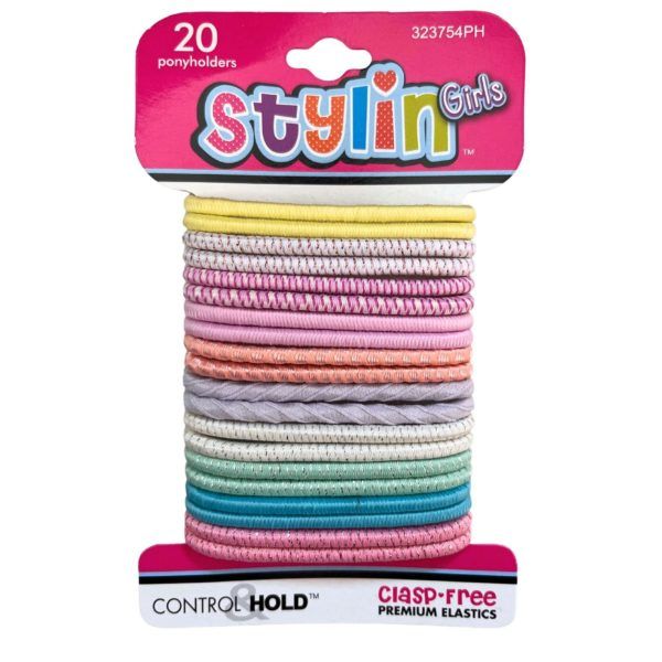 36 pieces of Stylin' Girls 20 Piece Clasp Free Premium Elastics Ponyholders In Assorted Colors