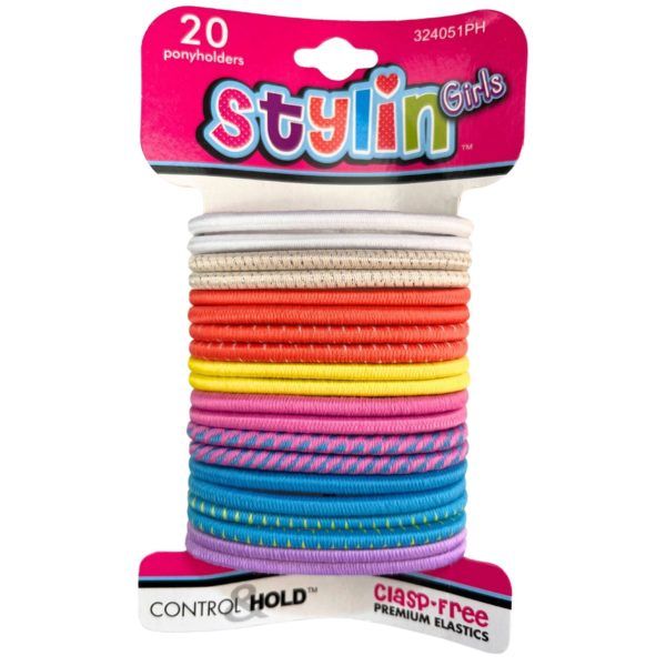 36 pieces of Stylin' Girls 20 Piece Clasp Free Premium Elastics Pnyholders In Assorted Bright Colors