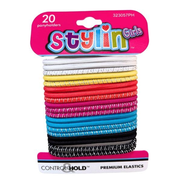 36 pieces of Stylin' Girls 20 Piece Premium Elasctics Ponyholders In Assorted Colors
