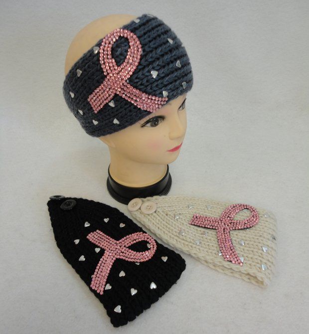 24 pieces of Hand Knitted Ear Band [pink Rhinestone Ribbon W Heart Studs]