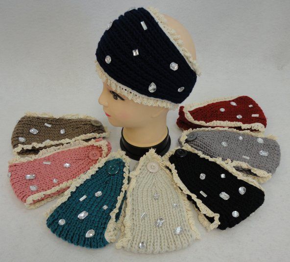 24 pieces of Hand Knitted Ear Band W Antique Lace [assorted Gems]