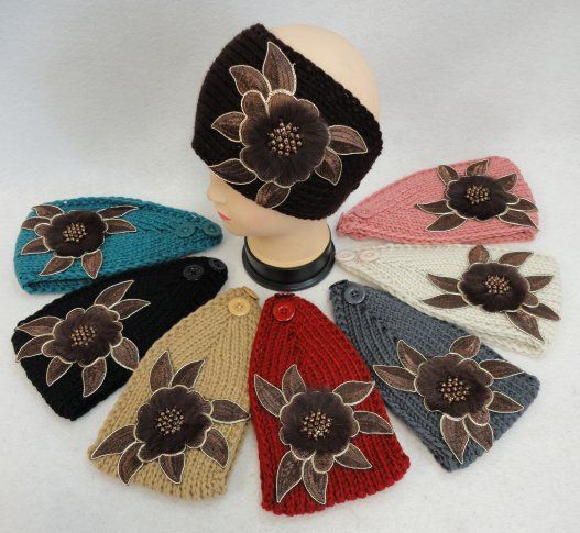 24 pieces of Wide Hand Knitted Ear Band W Floral Applique [fur & Beads]