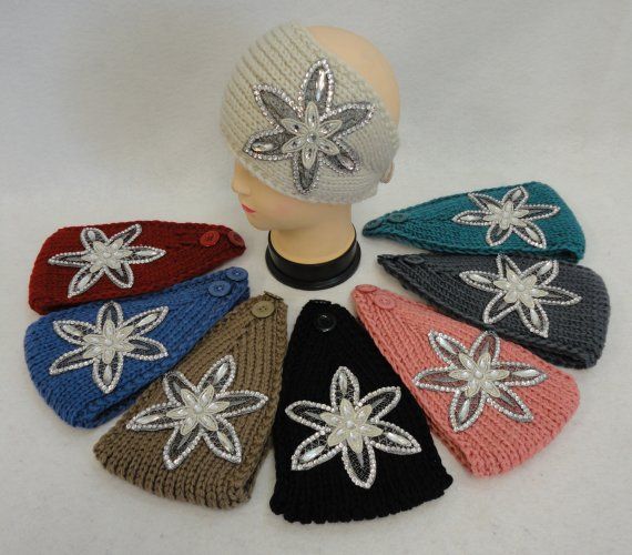 24 pieces of Wide Hand Knitted Ear Band [star Flower Applique W Gems]