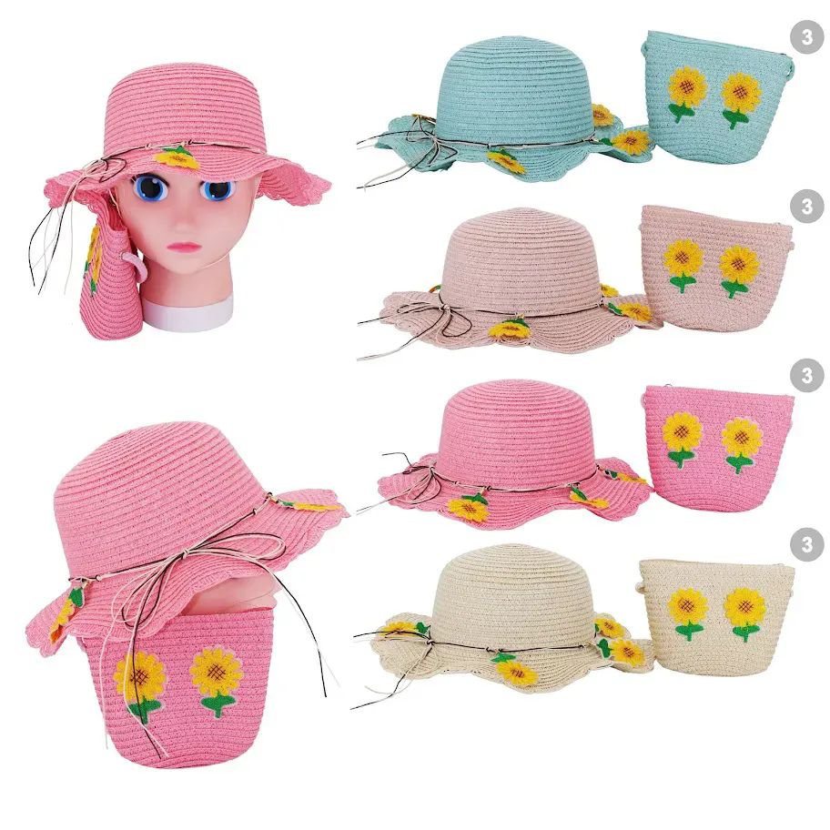 6 Pieces of Straw Hat And Bag Set Blue Pink White