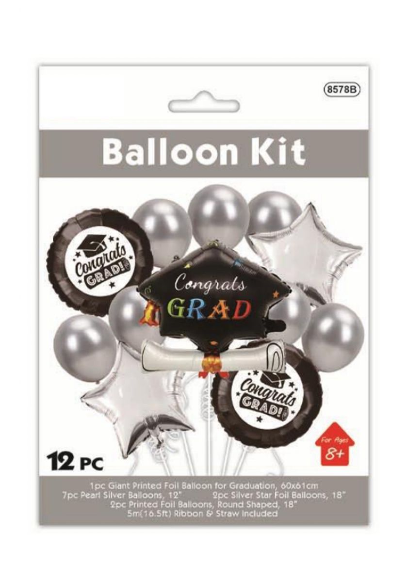 48 Pieces of 12pc Graduation Balloon Kit Silver