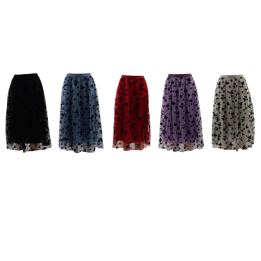 3 Pieces of Women Butterfly Patterned A-Line Skirt With Lining