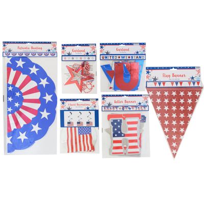 24 pieces of Patriotic Party Decor 6 Asst Banner/ Garland/ Swirl/ Bunt/ Pbh