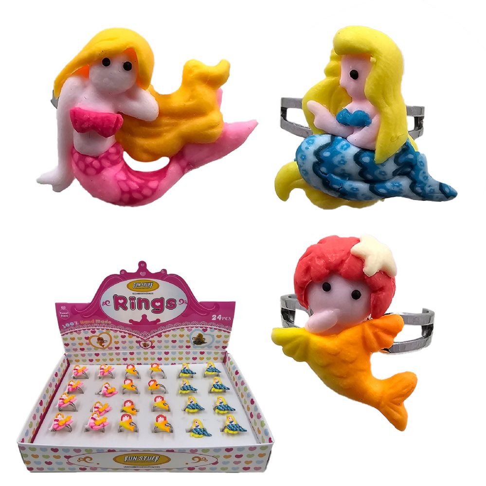 24 pieces of Fimo Mermaid Adjustable Ring - 3 Asst. Styles