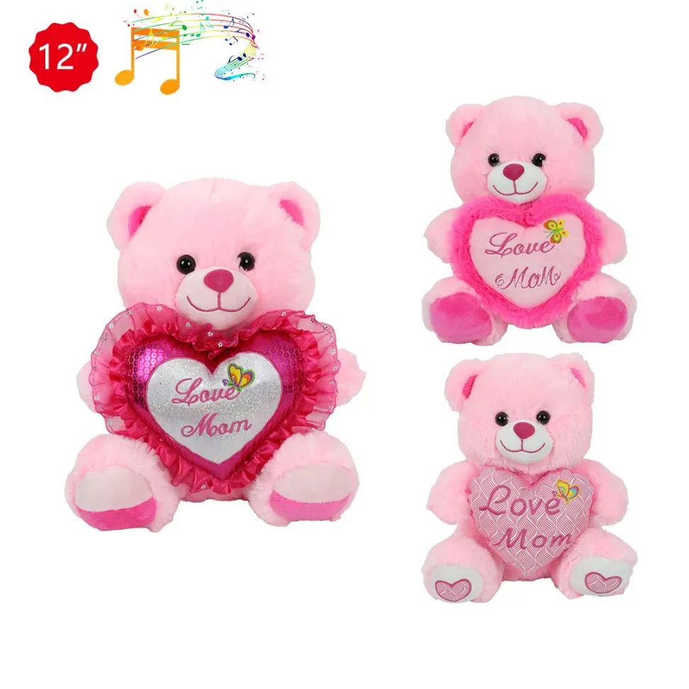 24 Pieces of 12" Mother's Day Pink Bear With Heart &sound
