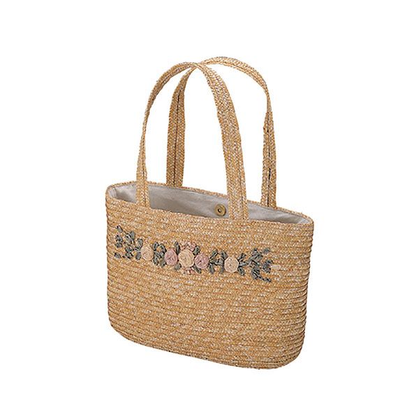 24 Pieces of Sewn Braid Wheat Straw Bag W/Embroidered Flower NATURAL