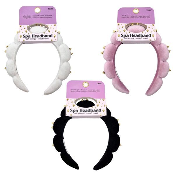 24 pieces of Soft Velvet Spa Headband With Gold Studs Assorted Pink,white & Black