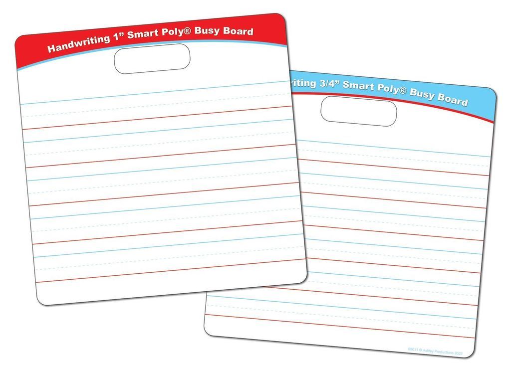 24 Pieces of Smart Poly, Educational Activity Busy Board, Dry Erase, 10.75 inch x 10.75 inch, Die Cut Handle Black , Marker, 3/4 inch and 1 inch Practice Handwriting Lines