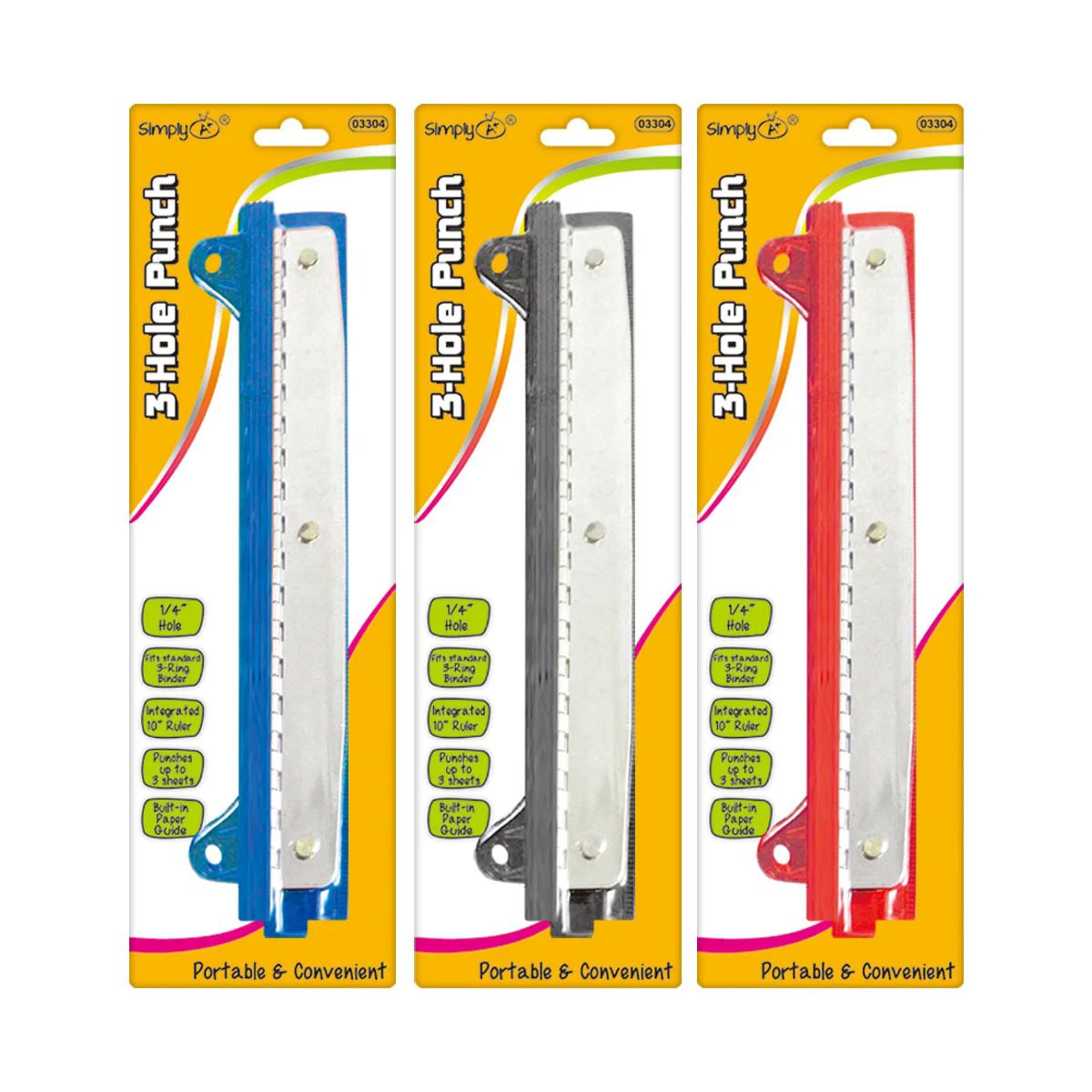 24 Pieces of 3-Hole Punch 1/4" Hole Assorted Colors