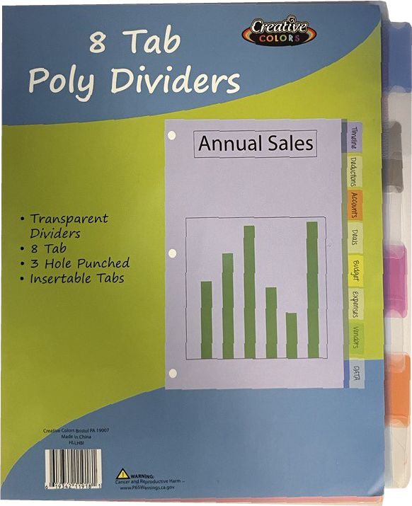 96 Pieces of Poly Dividers - 8 Tab - Assorted Colors