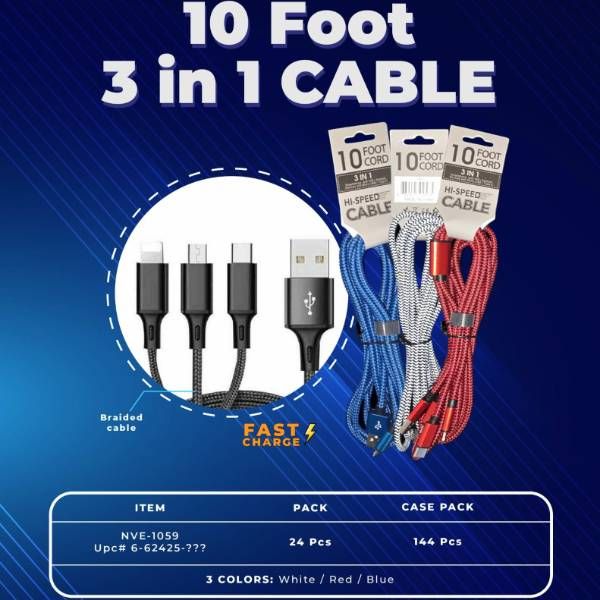 24 Pieces of 10ft 3 In 1 Cable Lightning/c/micro