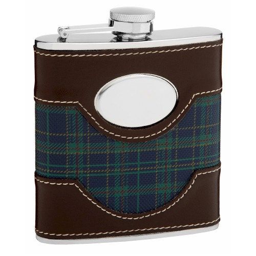 6 Pieces of 6oz Plaid Golf Hip Flask with Faux Leather Trim