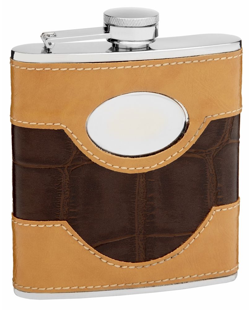 6 Pieces of 6oz Two-Tone Faux Leather Flask with Oval Engraving Area