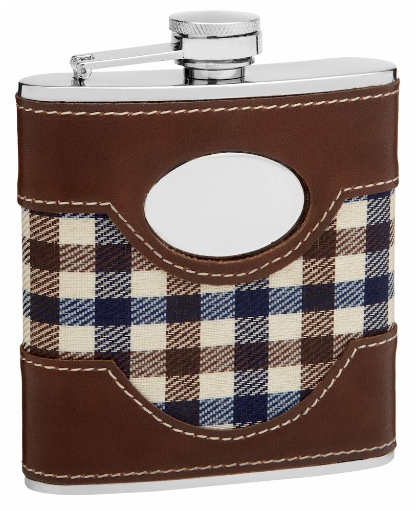 6 Pieces of Faux Leather and Cloth Hip Flask 6 oz - Plaid Golf Design