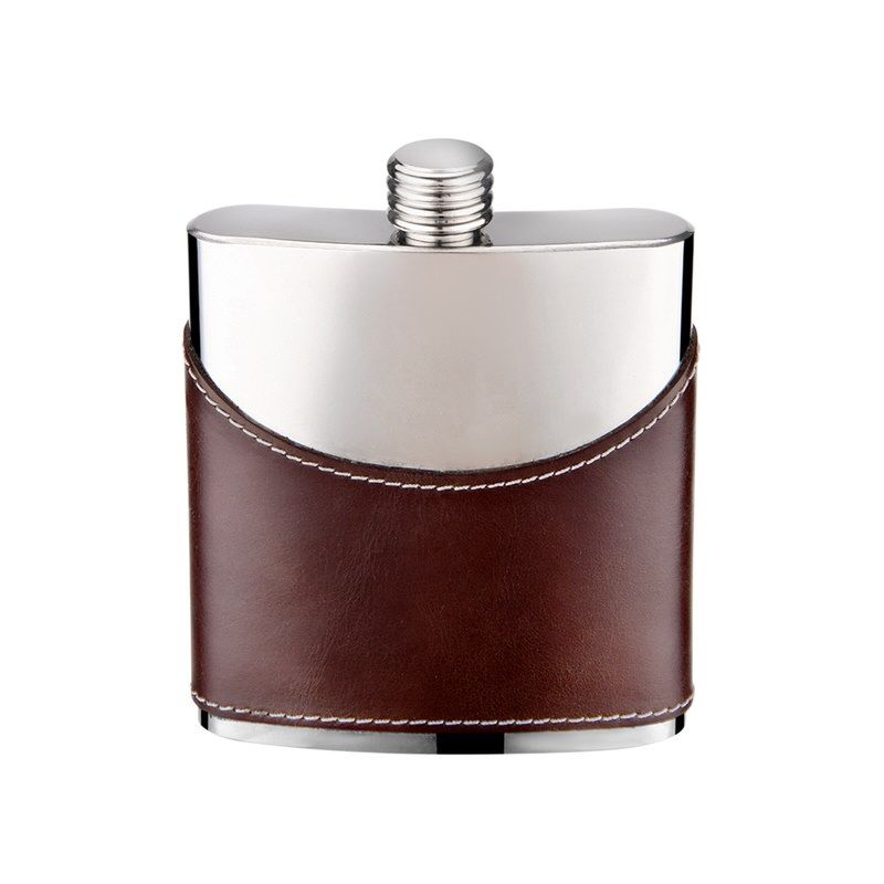 6 Pieces of 6oz Brown Leather Flask with Mirror Finish