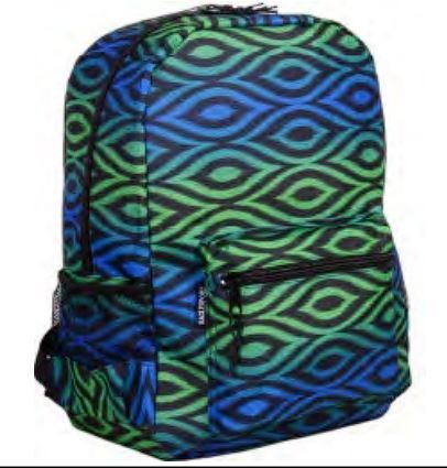 24 Pieces of Carton Backpack 18 X 13 X 6.7 Inches - Jumbo #10 Zippers Padded Back And Straps Blue Green Pattern