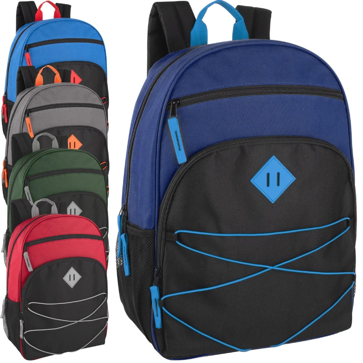24 Pieces of 17-Inch Multi Pocket Bungee Backpack - 5 Colors