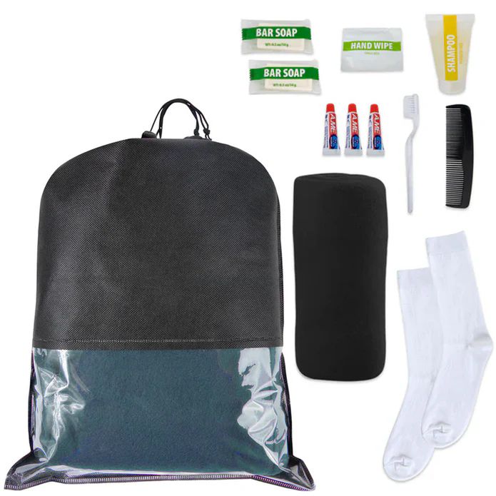24 Sets of 10-Piece Deluxe Hygiene Kit With Cinch Travel Bag With Clear Window Socks Blanket