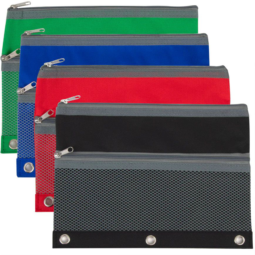 100 Pieces of 3 Ring Binder Pencil Case With Mesh Pocket - 5 Colors