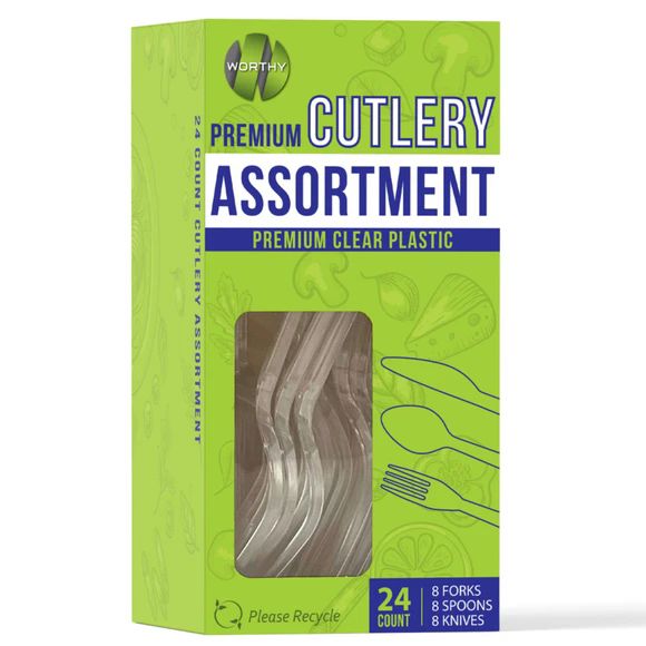 24 Packs of Worthy 24 Piece Premium Clear Plastic Cutlery Assortment