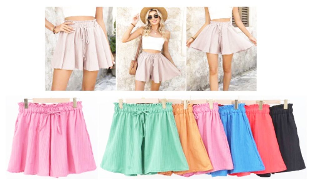 12 Pieces of Ladies Solid Ribbed Paper Bag Shorts