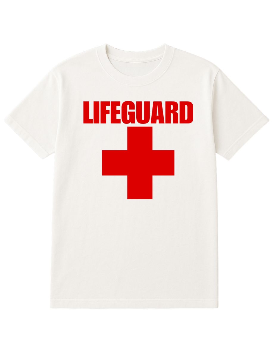 12 Pieces of Unisex Cotton Lifeguard Printed T Shirt White With Red Print Back And Front Size Small