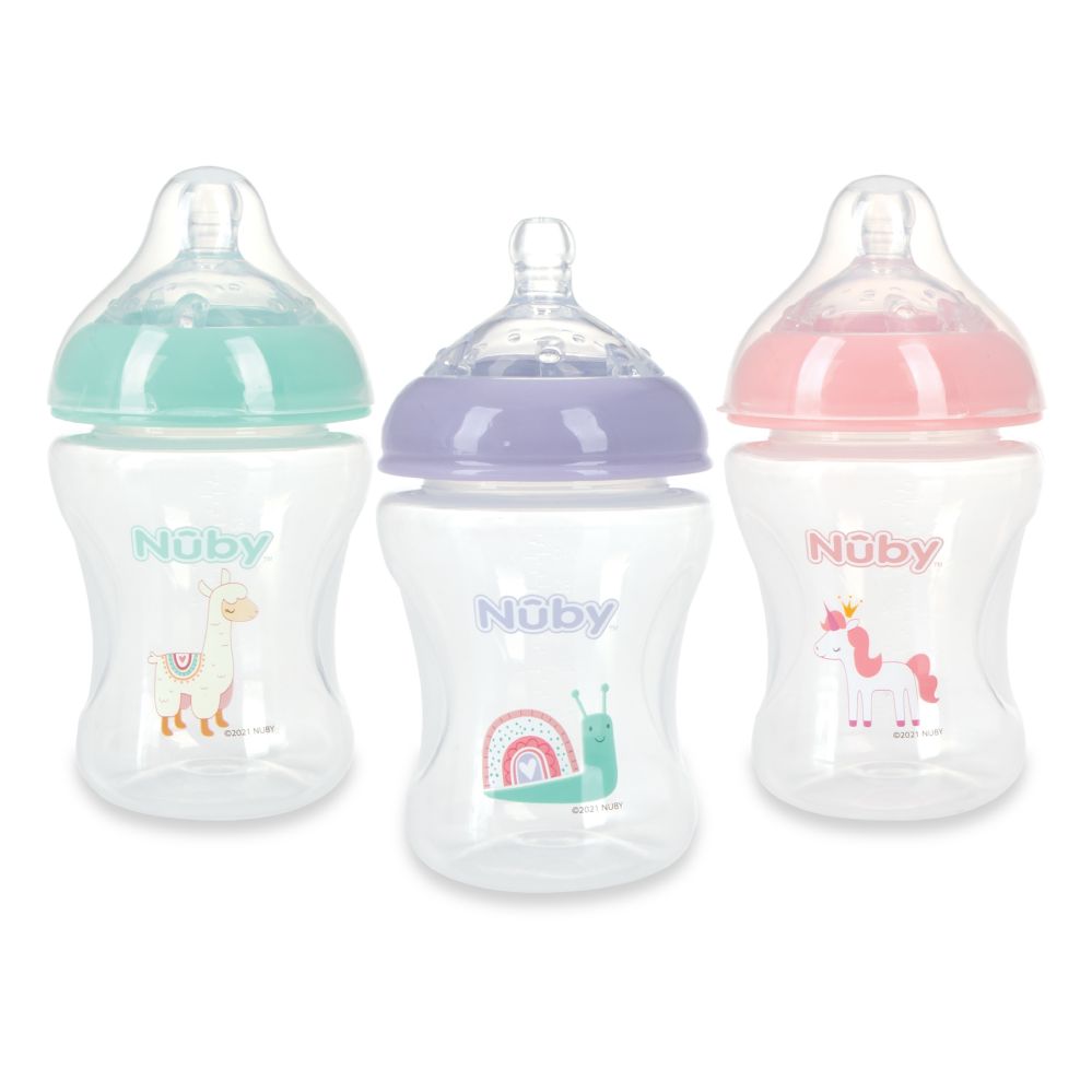 24 pieces Nuby Printed Infant 8oz Bottle With Slow Flow Silicone Nipple, 3pk - Llama, Snail, Unicorn - Baby Bottles
