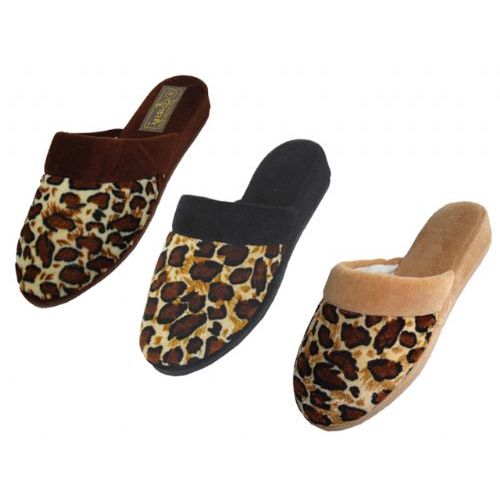 48 Wholesale Ladies' Velour Leopard Print Slippers
