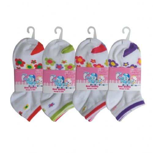 48 Pairs of 3 Pair Girls Flower Ankle Socks Size 4-6 Assorted Colors
