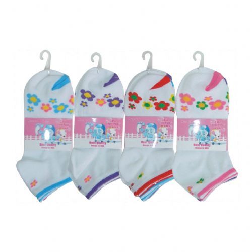 48 Pairs of 3 Pair Girls Flower Ankle Socks Size 6-8 Assorted Colors