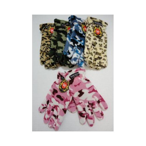 24 Pairs of Ladies Camo & Animal Print Fleece Gloves