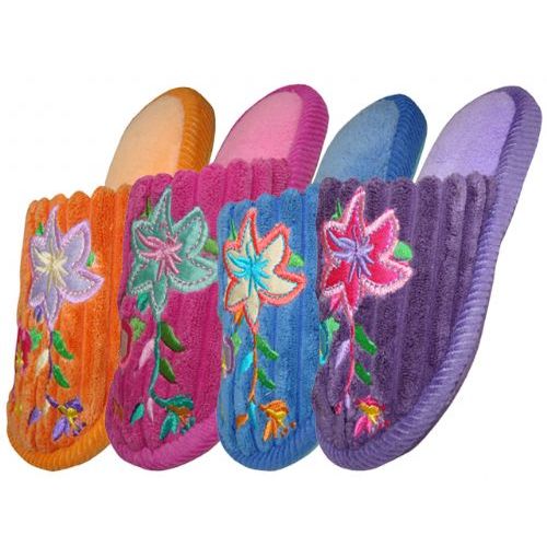 48 Pairs of Girls Plush Slipper With Flower Embroidery