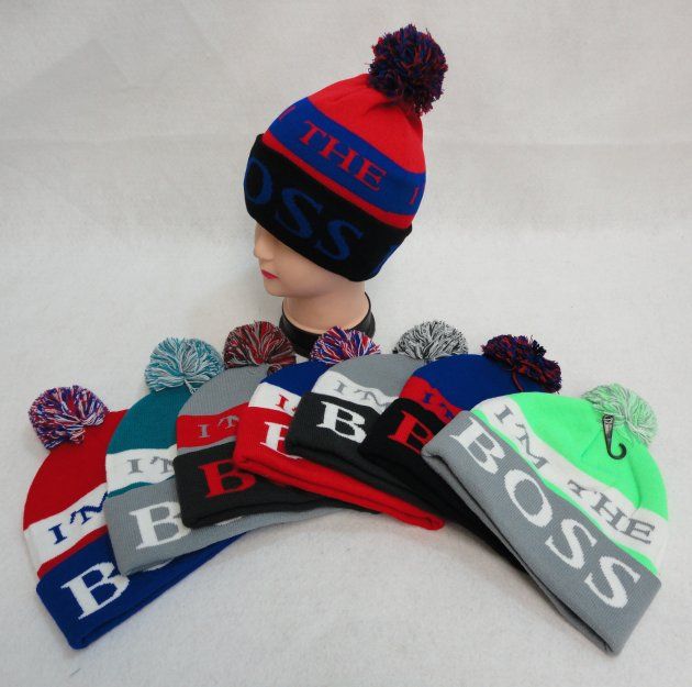 48 Pieces Knit Hat With Pompom I'm The Boss - Winter Sets Scarves , Hats & Gloves