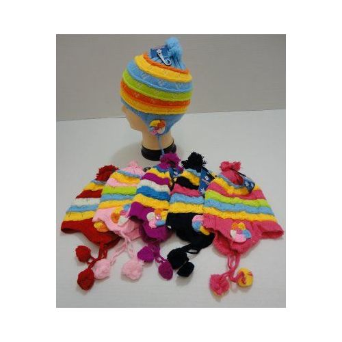 72 pieces of Child's Knit Cap With Ear Flap And PompoM--Flowers