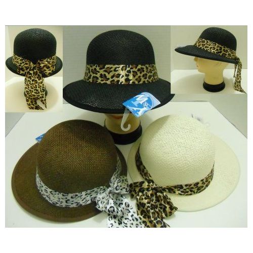 48 Pieces Ladies LargE-Brimmed Hat With Animal Print Bow - Sun Hats