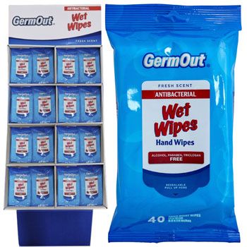 24 Pieces of Wet Wipes 40ct Germ Out Antibacterial Fresh Scent 2-12pc Counter Display