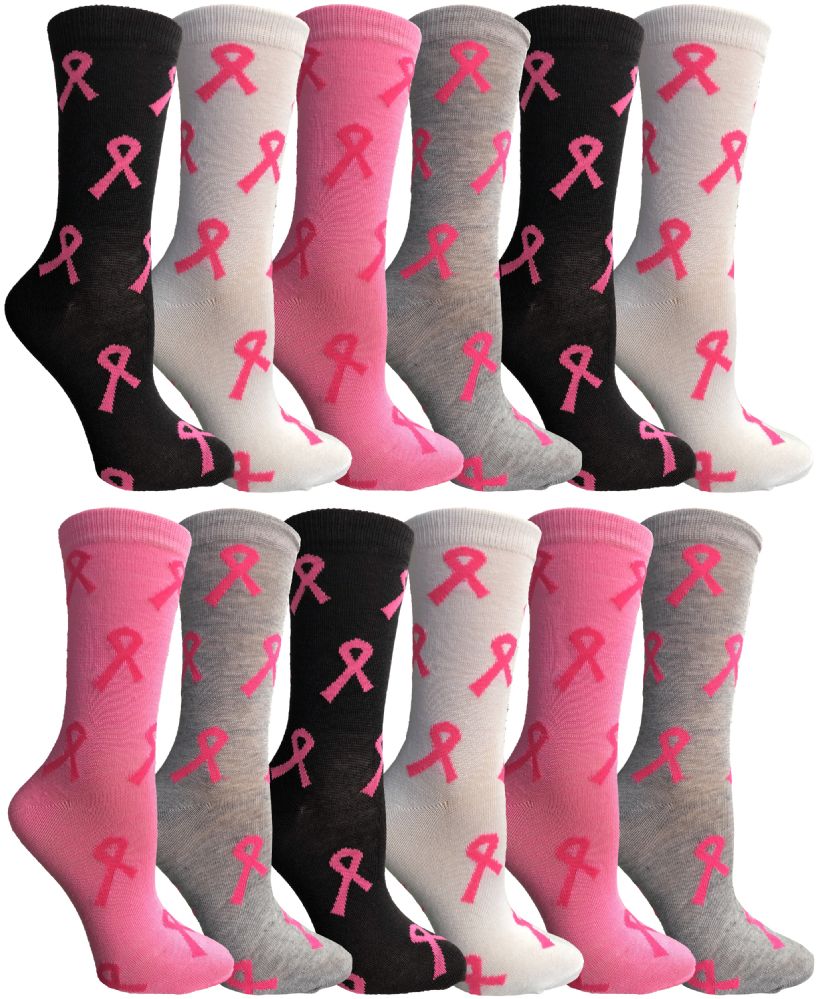 Pink Ribbon Breast Cancer Awareness Crew Socks For Women Size 9-11