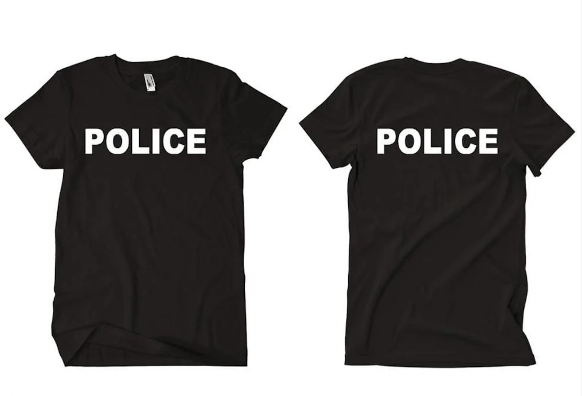 60 Pieces of Unisex Cotton Police Printed T Shirt Black With White Print Back And Front Size Small