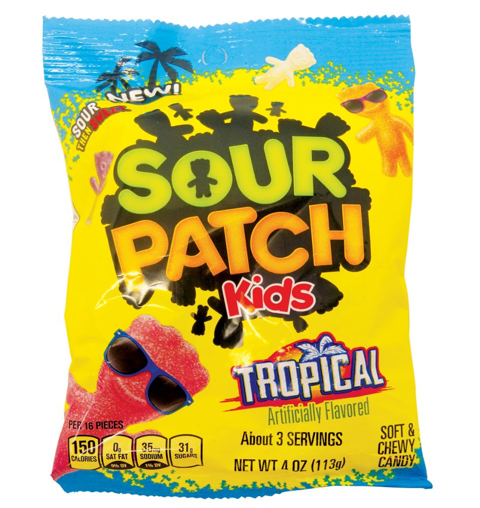 12 pieces of Sour Patch Tropical 4.0 Oz Peg Bag