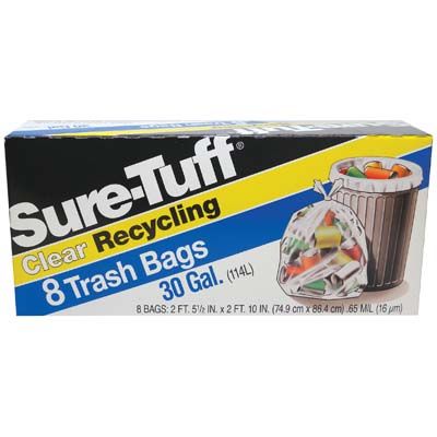 24 Pieces of Sure Tuff Trash Bags 30 Gallon 8 Count Flap Tie Clear Recycling