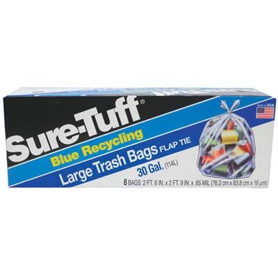 24 Pieces of SurE-Tuff Trash Bags 30 Gallon 8 Count Flap Tie Blue Recycling