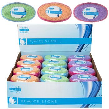 36 Pieces of Pumice Stone 3asst Colrs W/gripring 70g 36pc Pdq Shrnk/label 3.8 X 2.2 X 2.1in ea