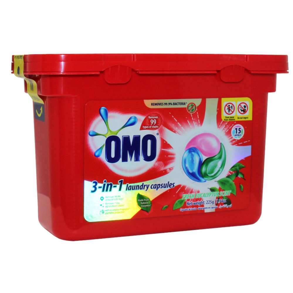 18 Pieces of Omo 3in1 Laundry 15 Ounct Capsules 225g/7.94 Oz Fresh Eucalyptus Scent Remove 99.9% Bacteria